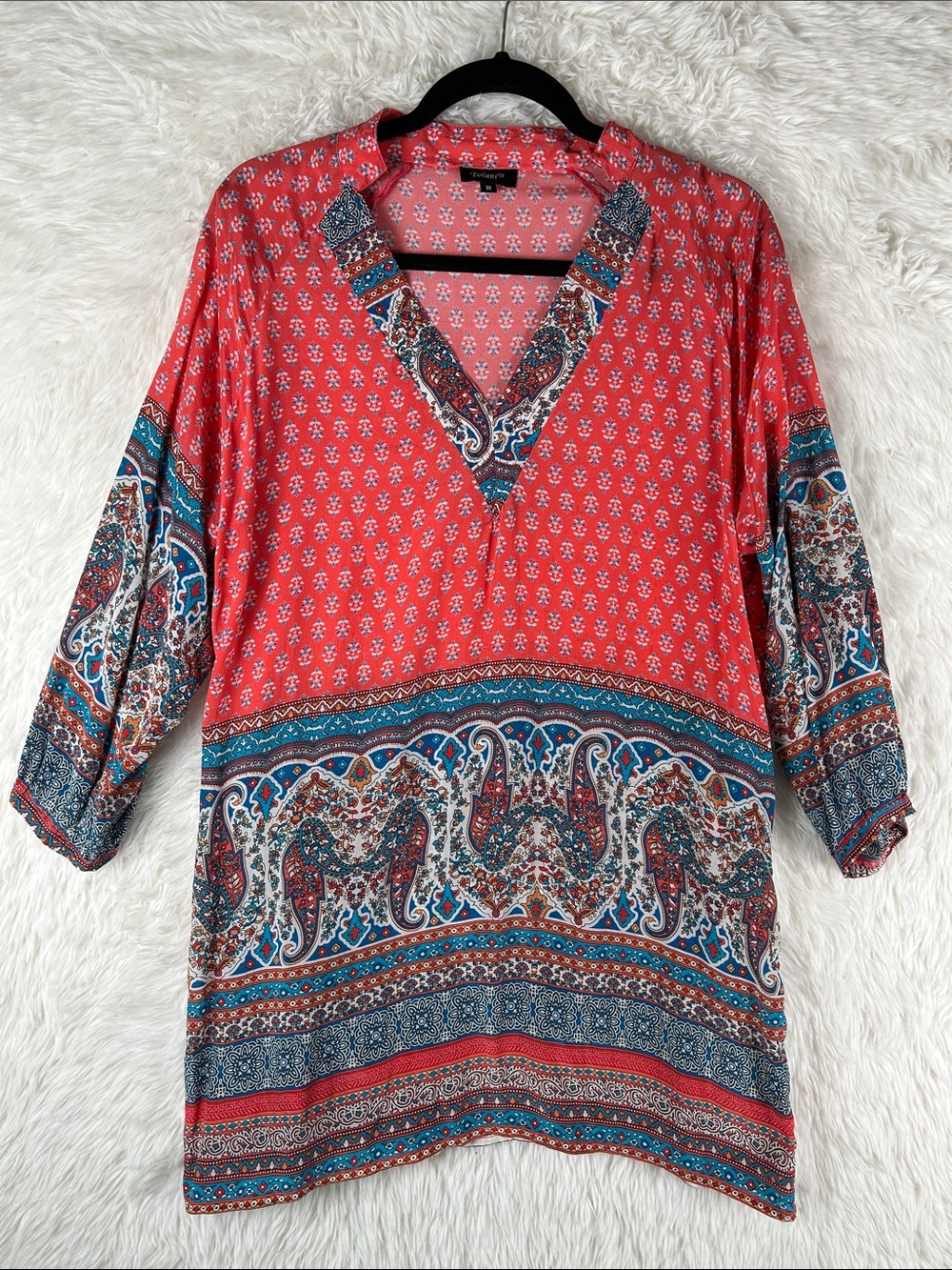 Tolani Boho Multi-Color Paisley V-Neck Silk Tunic Top